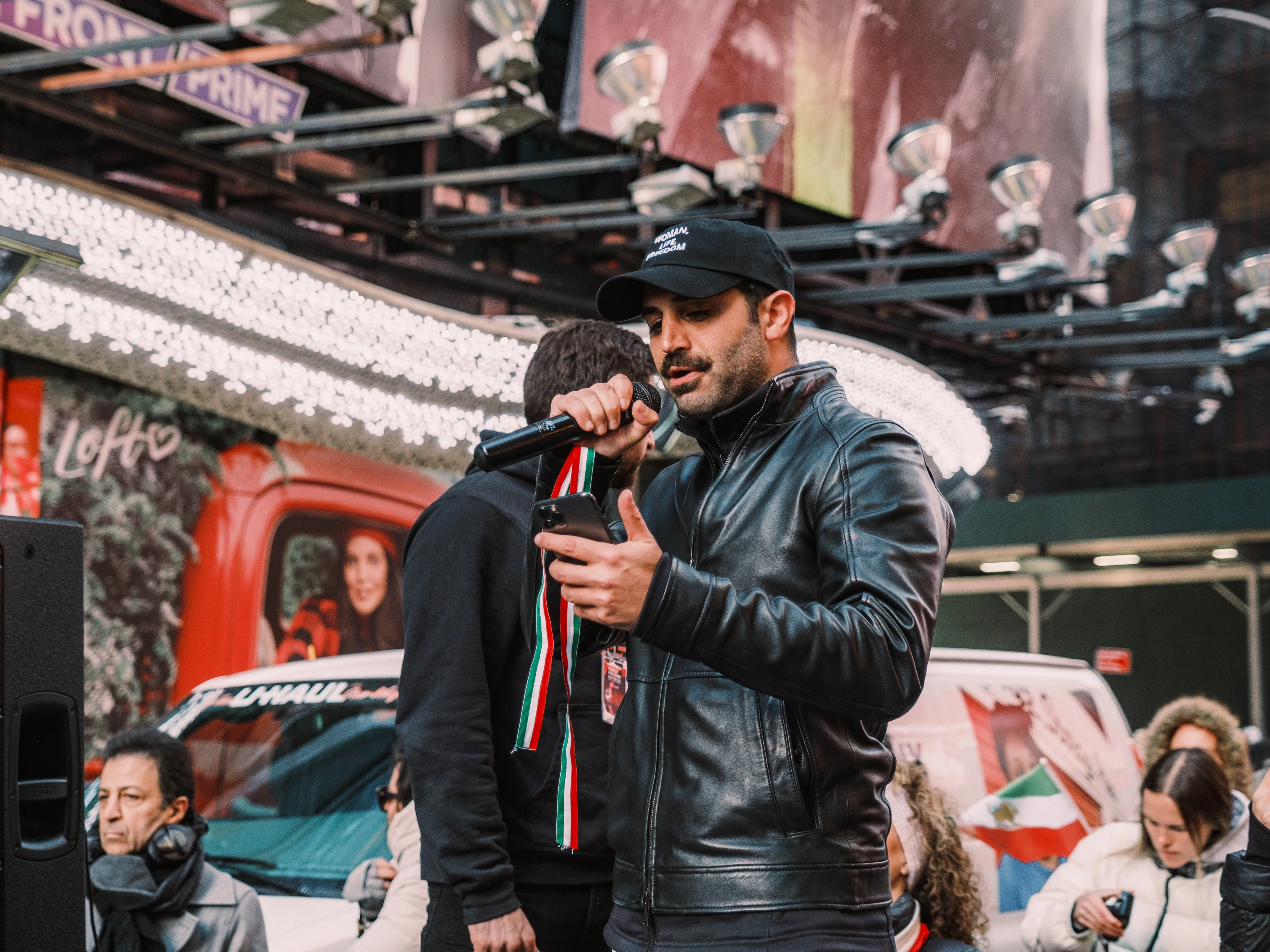 Speaking at protest