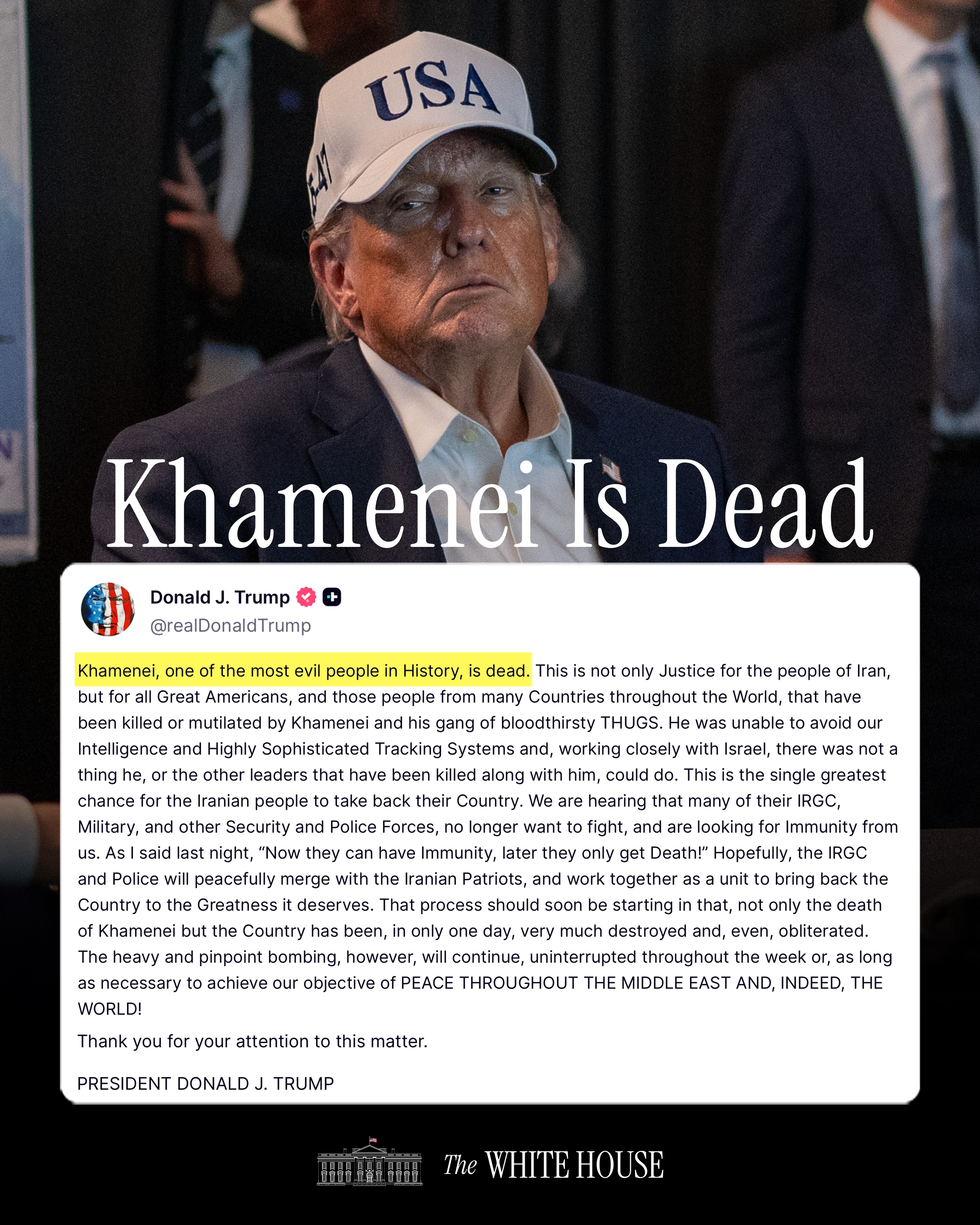 Trump announces the death of Khamenei